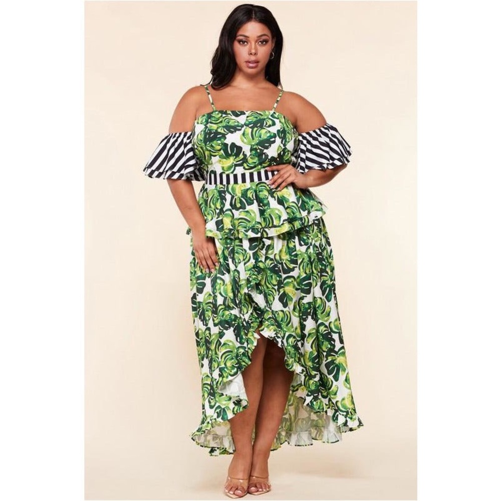 Leafy Off-Shoulder Ruffle Maxi Dress